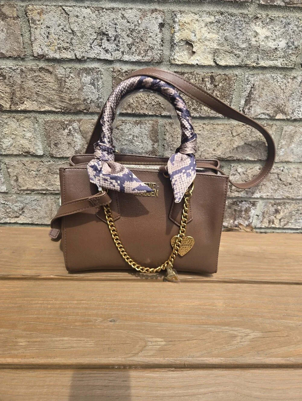 Michael Kors Taupe Leather Satchel with Snake-Print Scarf and Gold Chain